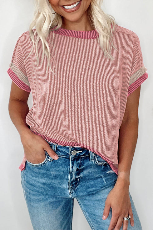 Retro Vibe Contrast Trim Corded Knit Short Sleeve Top